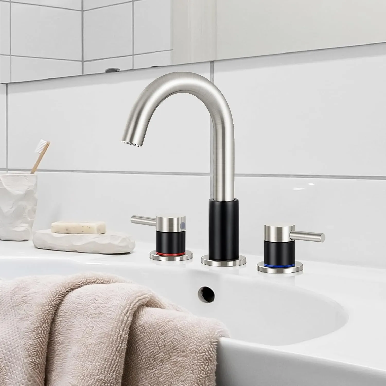 FGKQ Bathroom Faucets 3 Hole, 8 Inch Widespread Bathroom Sink Faucets with Pop Up Drain, Sink Faucet Bathroom 2 Handles with Water Supply Pipes,Black and Brushed Nickel