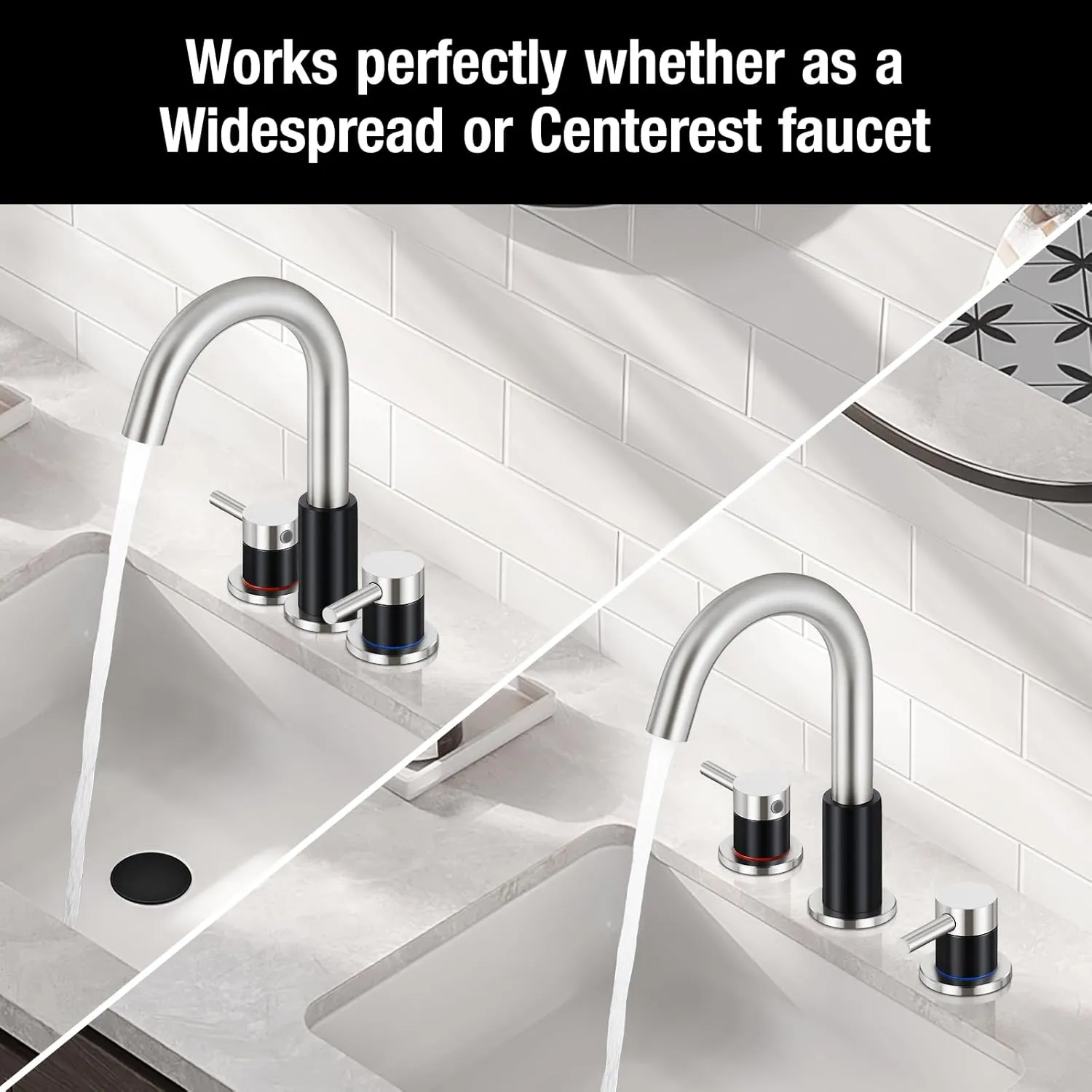 FGKQ Bathroom Faucets 3 Hole, 8 Inch Widespread Bathroom Sink Faucets with Pop Up Drain, Sink Faucet Bathroom 2 Handles with Water Supply Pipes,Black and Brushed Nickel