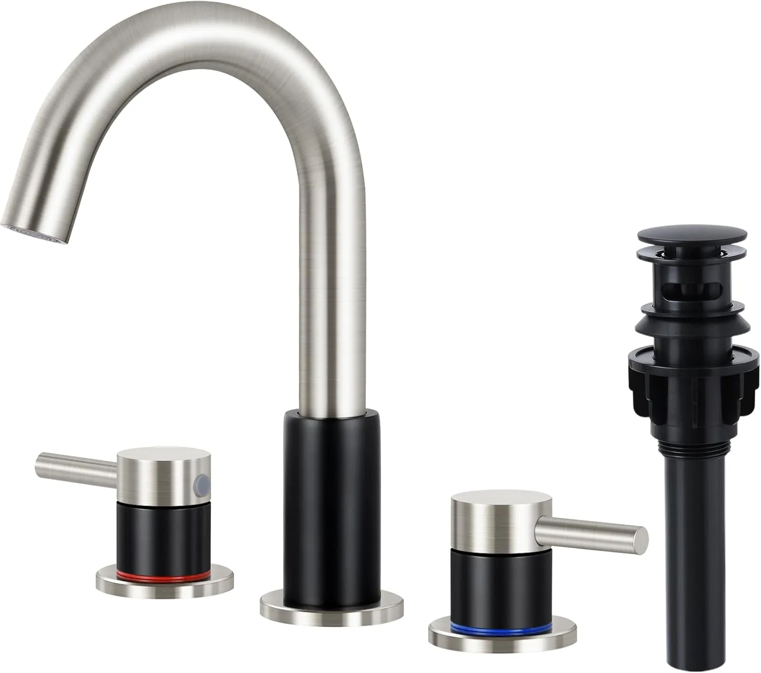 FGKQ Bathroom Faucets 3 Hole, 8 Inch Widespread Bathroom Sink Faucets with Pop Up Drain, Sink Faucet Bathroom 2 Handles with Water Supply Pipes,Black and Brushed Nickel