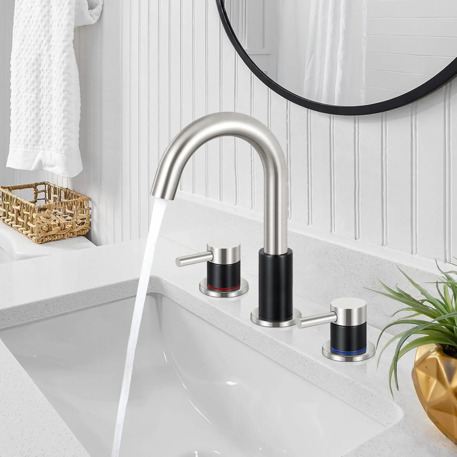 FGKQ Bathroom Faucets 3 Hole, 8 Inch Widespread Bathroom Sink Faucets with Pop Up Drain, Sink Faucet Bathroom 2 Handles with Water Supply Pipes,Black and Brushed Nickel