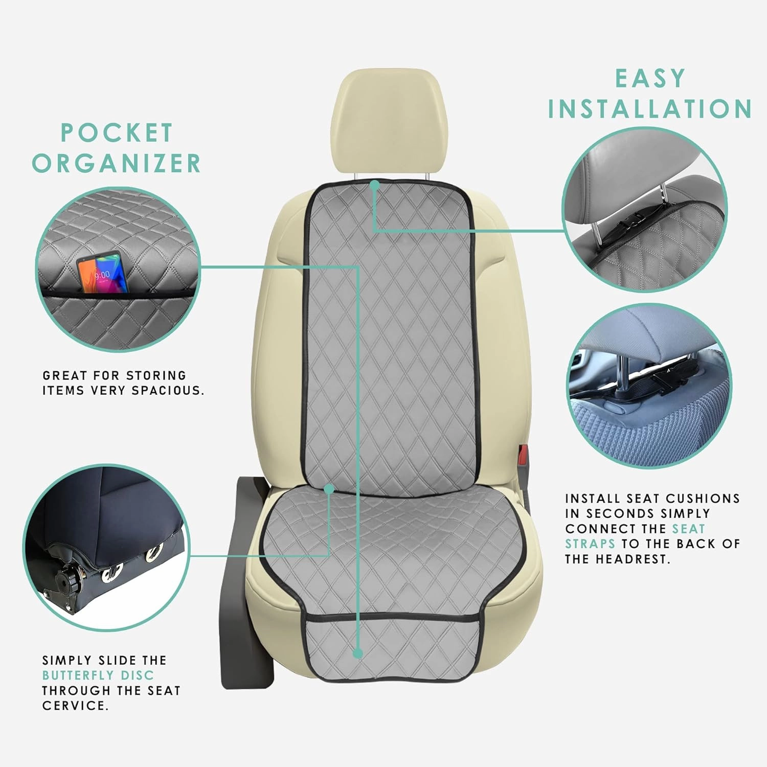 FH Group Car Seat Cushion Front Set Neosupreme Automotive Seat Cushions - Universal Fit, Car Seat Cushion With Front Pockets, Airbag Compatible Car Seat Cushions for SUV, Sedan, Van Gray