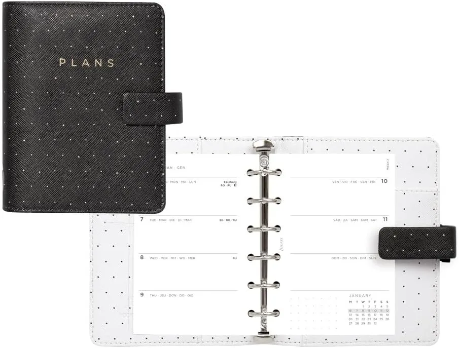 Filofax Moonlight Organizer, Pocket Size, Black - Leather-Look, Gold Accents, Six Rings, Week-to-View Calendar Diary, Multilingual, 2025 (C022653-25)