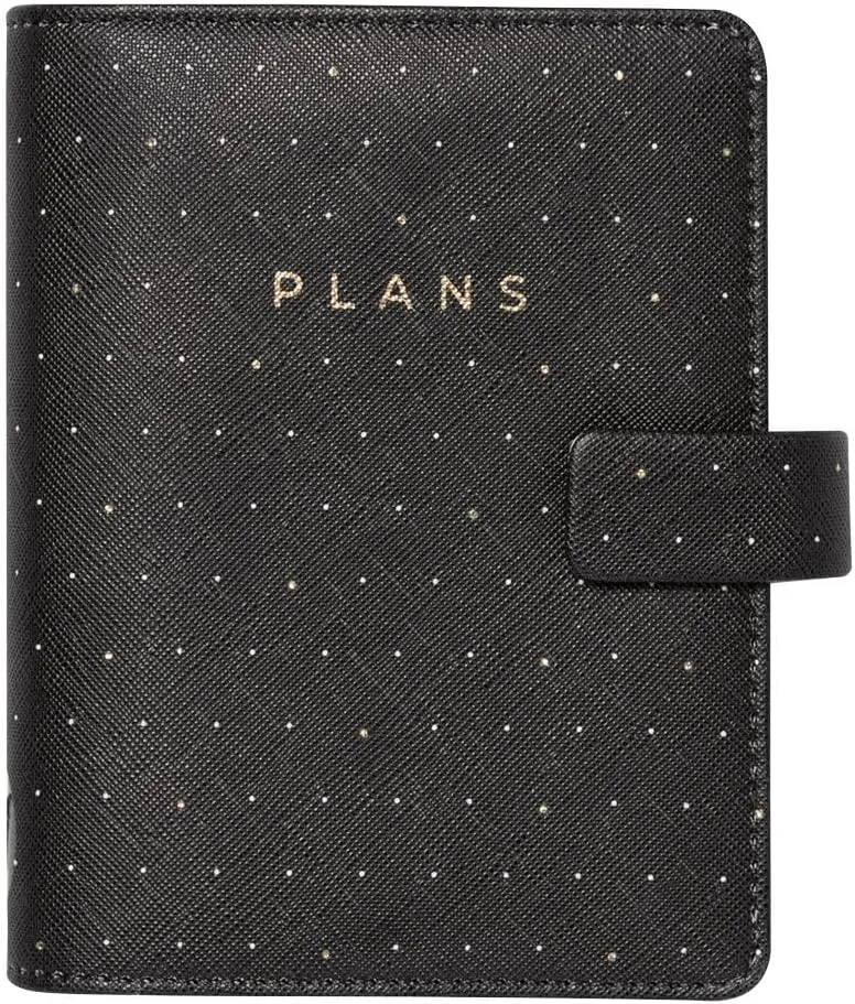 Filofax Moonlight Organizer, Pocket Size, Black - Leather-Look, Gold Accents, Six Rings, Week-to-View Calendar Diary, Multilingual, 2025 (C022653-25)