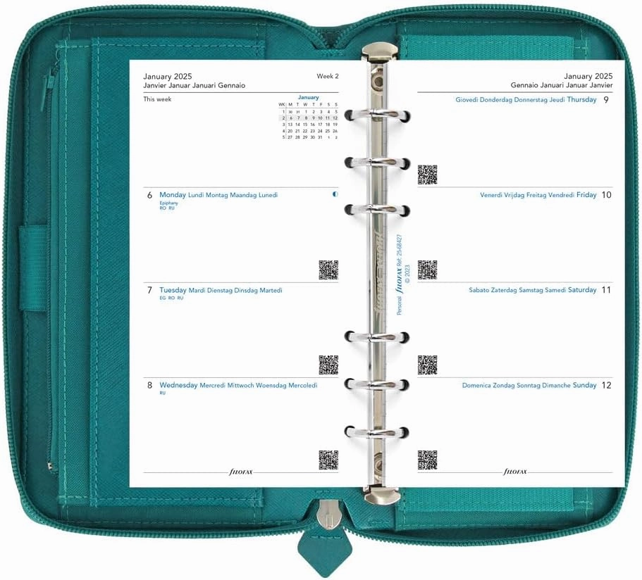 Filofax Saffiano Zip Organizer, Personal Compact Size, Aquamarine - Cross-Grain, Leather-Look, Six Rings, Week-to-View Calendar Diary, Multilingual, 2025 (C022536-25)