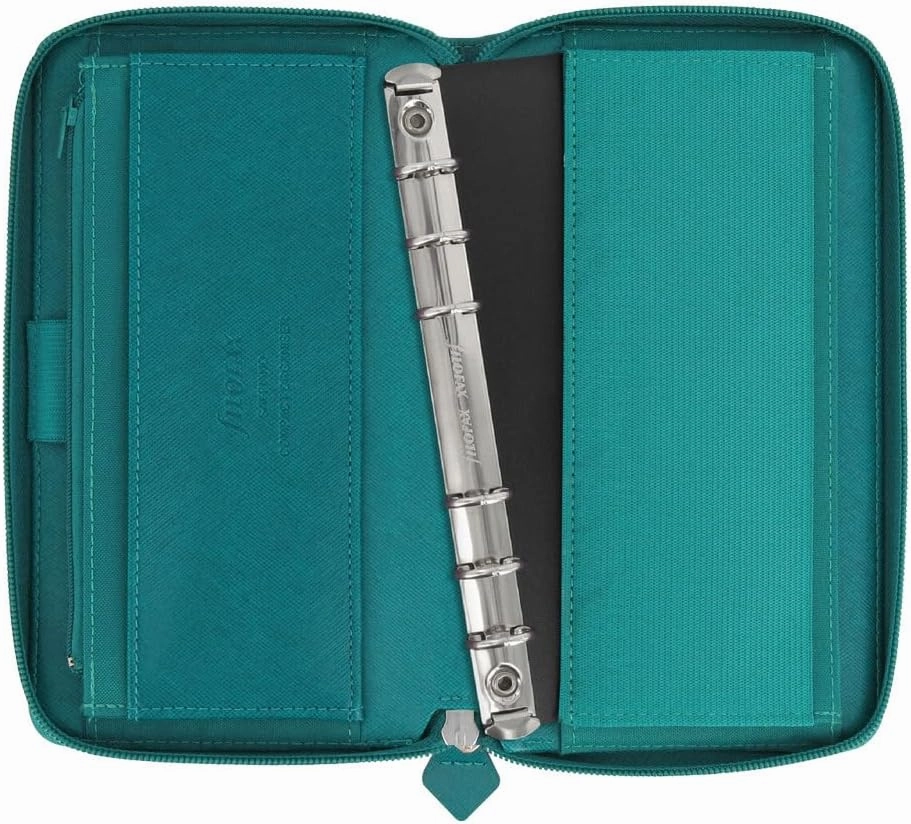 Filofax Saffiano Zip Organizer, Personal Compact Size, Aquamarine - Cross-Grain, Leather-Look, Six Rings, Week-to-View Calendar Diary, Multilingual, 2025 (C022536-25)