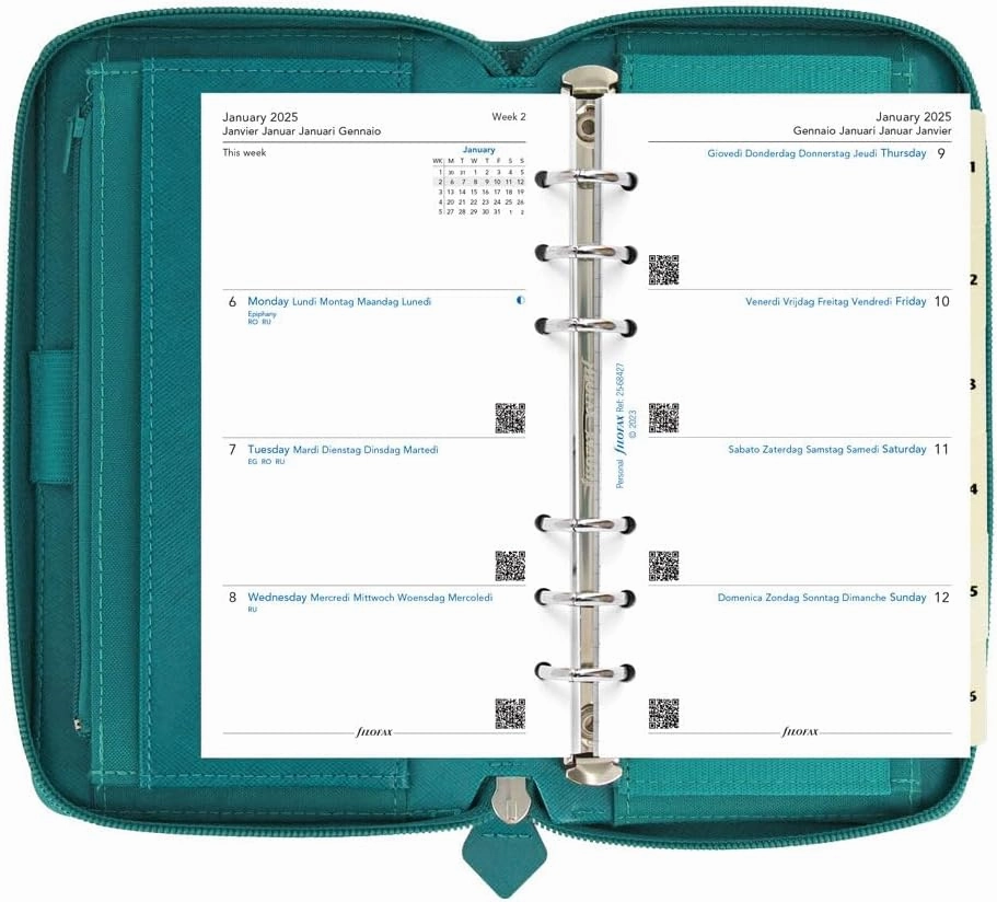 Filofax Saffiano Zip Organizer, Personal Compact Size, Aquamarine - Cross-Grain, Leather-Look, Six Rings, Week-to-View Calendar Diary, Multilingual, 2025 (C022536-25)