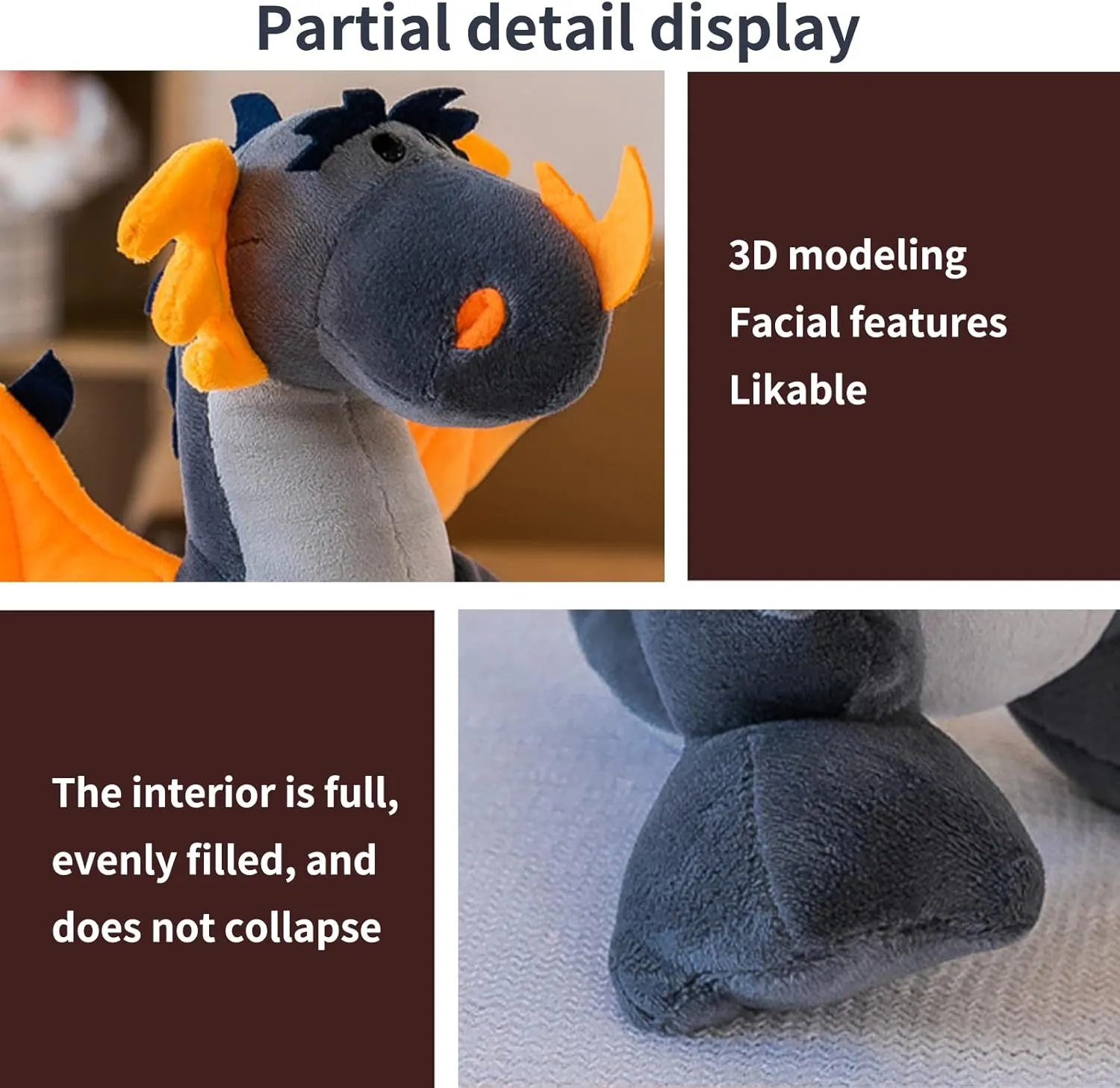 Fire Dragon - Cute Dinosaurs Stuffed Animal Plush Toy - Adorable Soft Dragon Toy Plushies and Gifts - Perfect Present for Kids, Babies, Toddlers (Grey,11.8 inch/30cm)