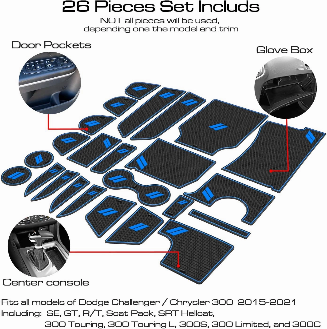 Fits Dodge Charger Accessories 2015-2023, Cup Holder Insert Center Console Shifter Liner Trim Interior Door Pocket Mats Pad (26pcs Set, Blue Trim)