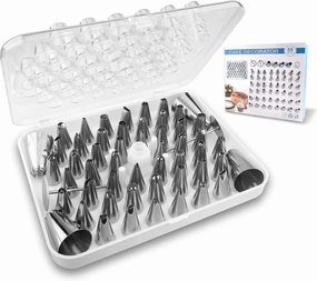 FIVETASCake Decorating kit for Beginners-52 Numbered Icing Tips with Pattern Chart,2 Flower Nails and 1 Coupler.Piping Tips Set with storage box.