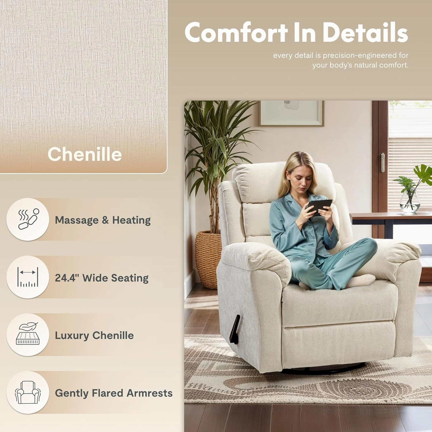 FLEXISPOT XRC6 Swivel Rocker Chair for Adults with Vibration Massage and Heat, 360° Swivel Manual Recliner Chair with High Back, Premium Chenille, Living Room, Bedroom, Nursery (Beige)