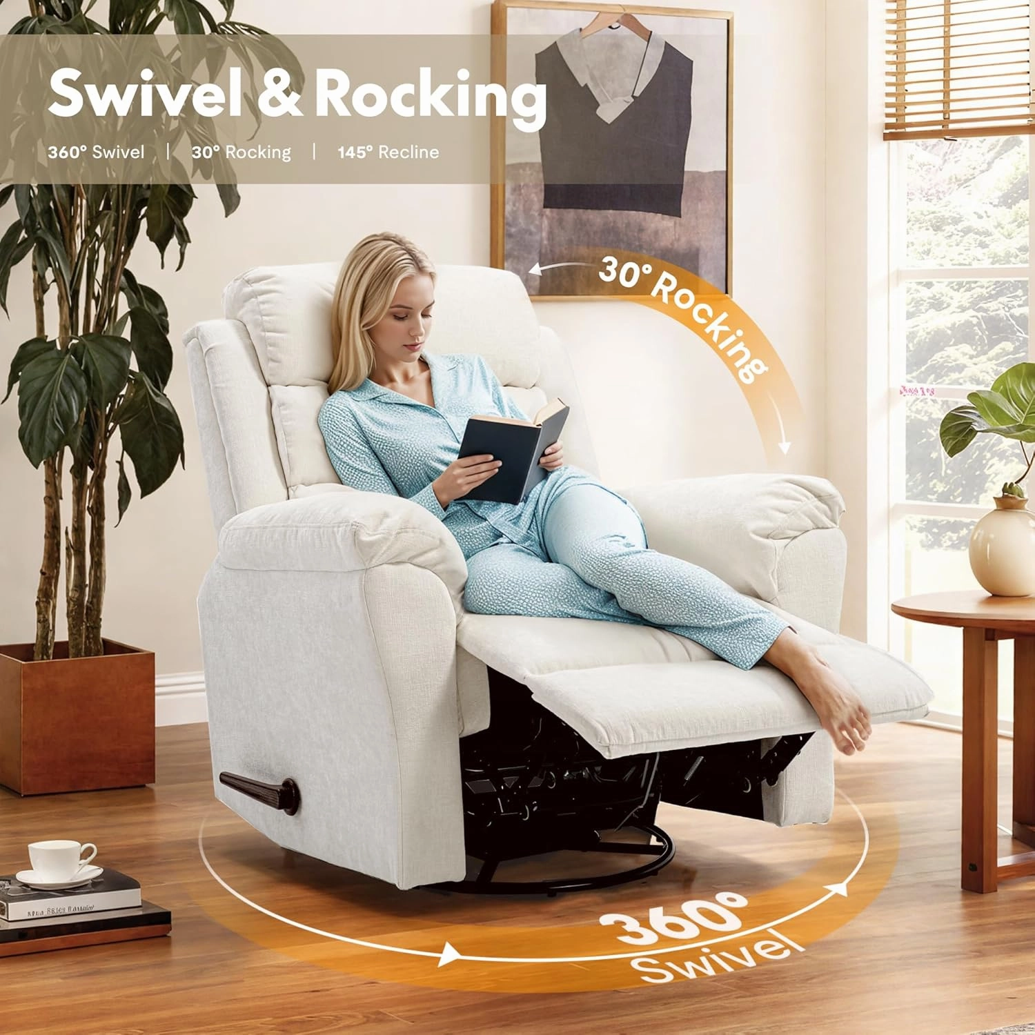 FLEXISPOT XRC6 Swivel Rocker Chair for Adults with Vibration Massage and Heat, 360° Swivel Manual Recliner Chair with High Back, Premium Chenille, Living Room, Bedroom, Nursery (Beige)