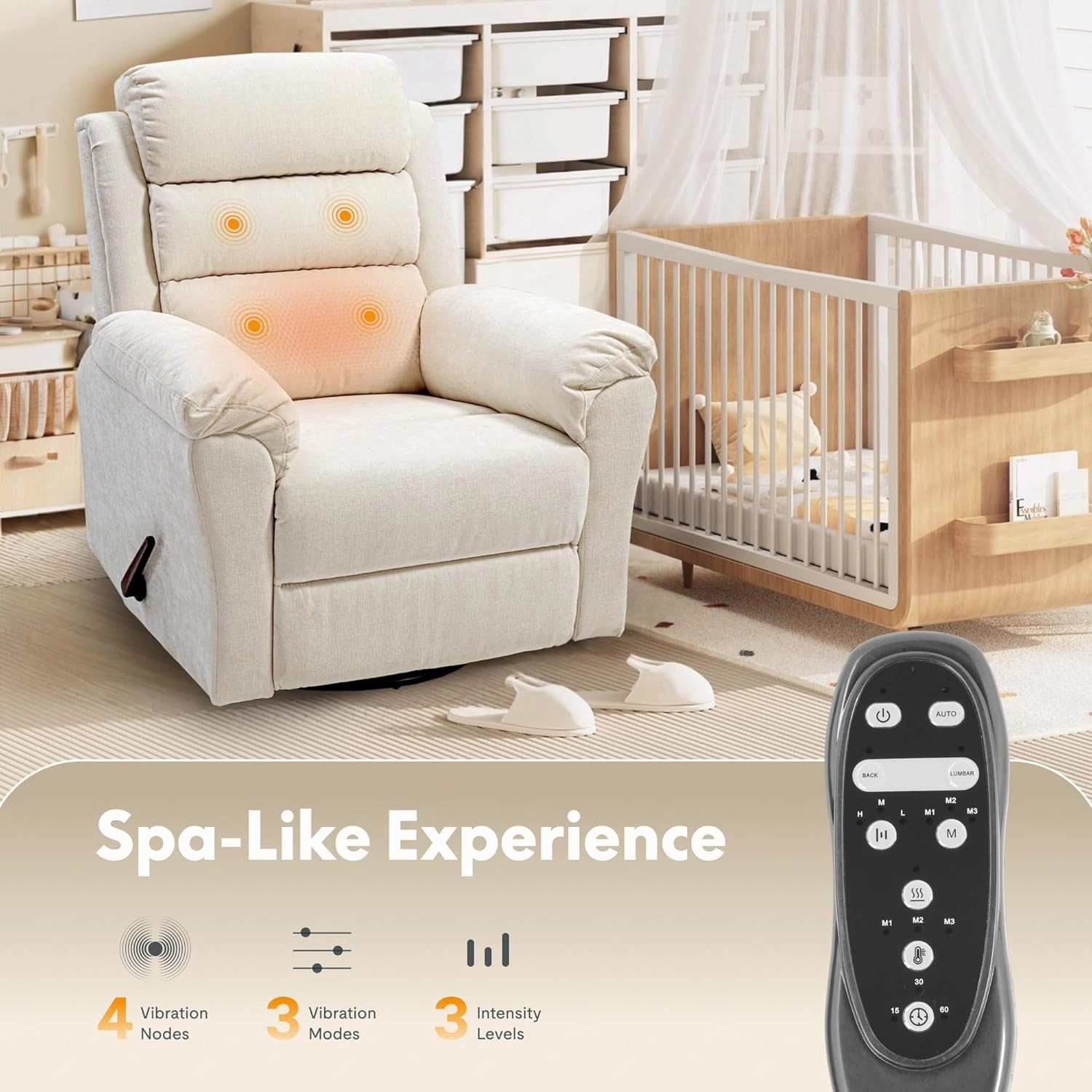 FLEXISPOT XRC6 Swivel Rocker Chair for Adults with Vibration Massage and Heat, 360° Swivel Manual Recliner Chair with High Back, Premium Chenille, Living Room, Bedroom, Nursery (Beige)