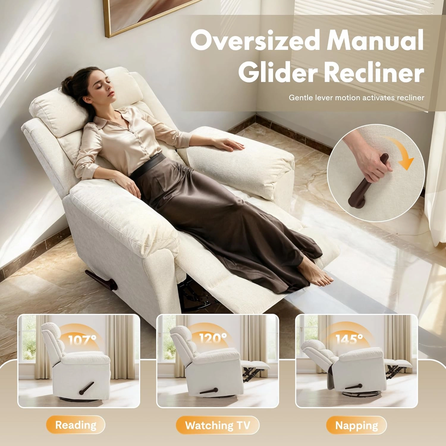 FLEXISPOT XRC6 Swivel Rocker Chair for Adults with Vibration Massage and Heat, 360° Swivel Manual Recliner Chair with High Back, Premium Chenille, Living Room, Bedroom, Nursery (Beige)