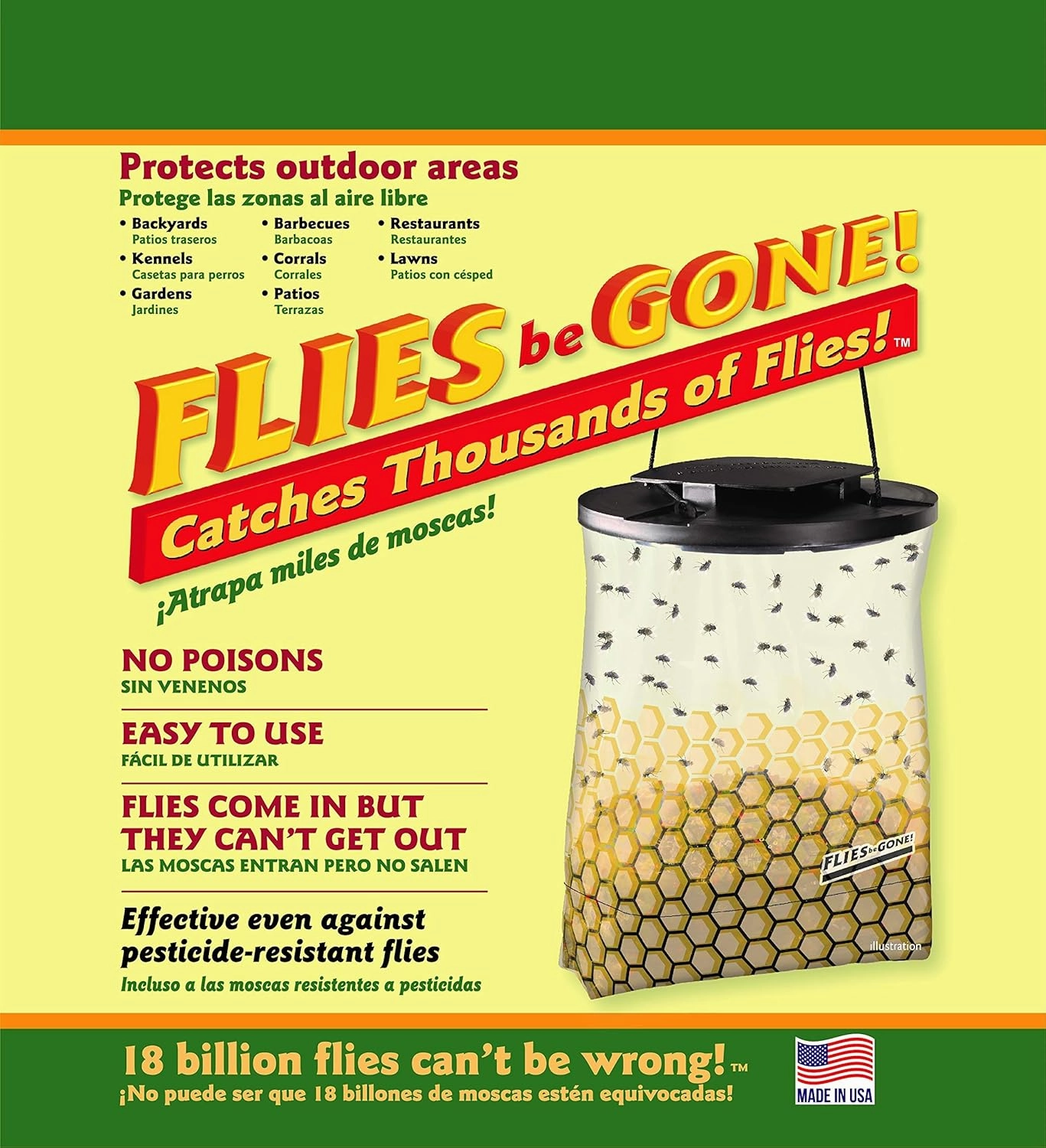 Flies Be Gone Fly Trap - Disposable Non Toxic Fly Catcher -Made in USA - Natural Bait Trap for Patios, Ranches, Outdoor Environments - Easy to Use Outdoor, Keeps Flies from Coming Indoors