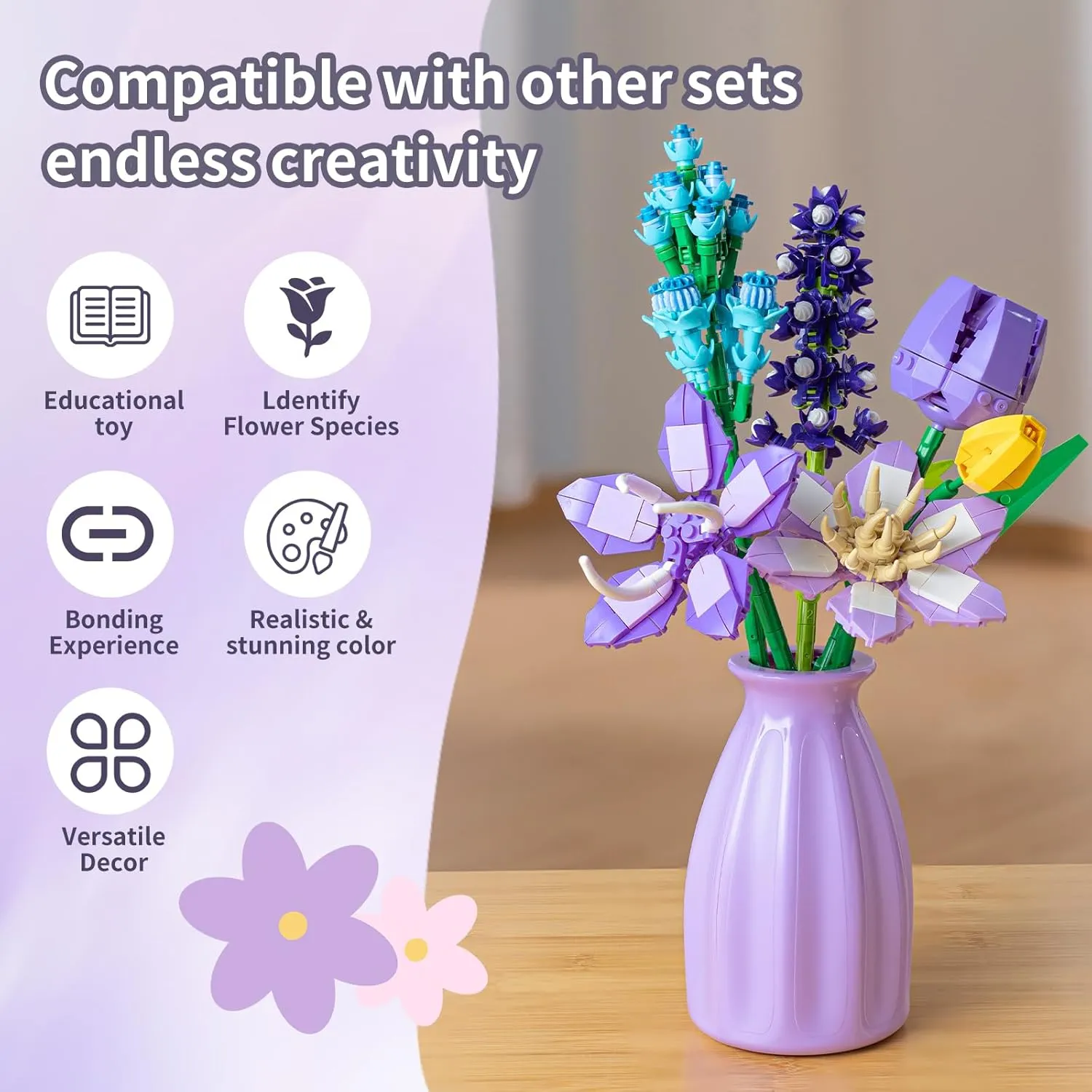 Flower Bouquet Building Set with Vase - Artificial Wildflower Botanical Collection Building Block, Plant Flower Kit, DIY Mini Micro Bricks Home Decor Gift for Birthday Mother's Day