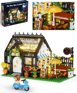 Flower House with Coffee Shop Building Set, Outdoor Parasol & Piano Building Kits with Lights, Greenhouse Model Gifts for Her, Home Decoration Office Coffee Bar Display(485 Pieces)