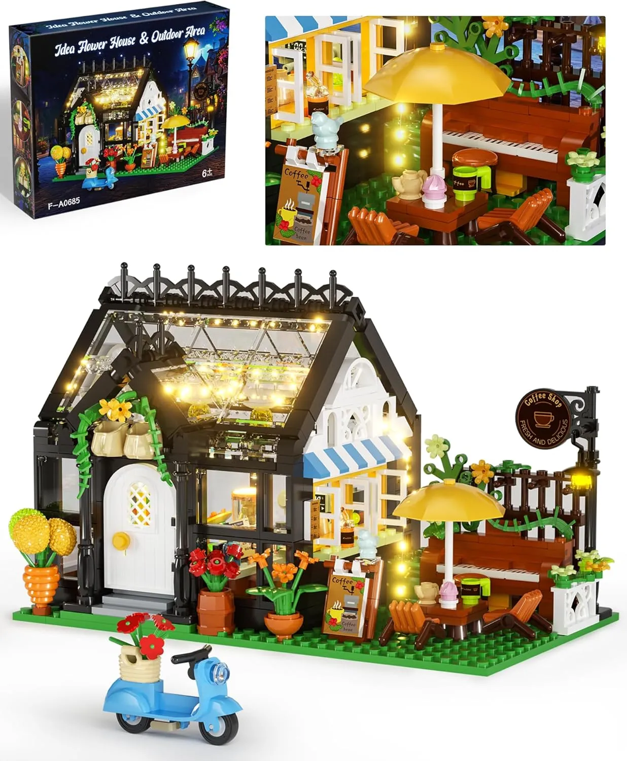 Flower House with Coffee Shop Building Set, Outdoor Parasol & Piano Building Kits with Lights, Greenhouse Model Gifts for Her, Home Decoration Office Coffee Bar Display(485 Pieces)