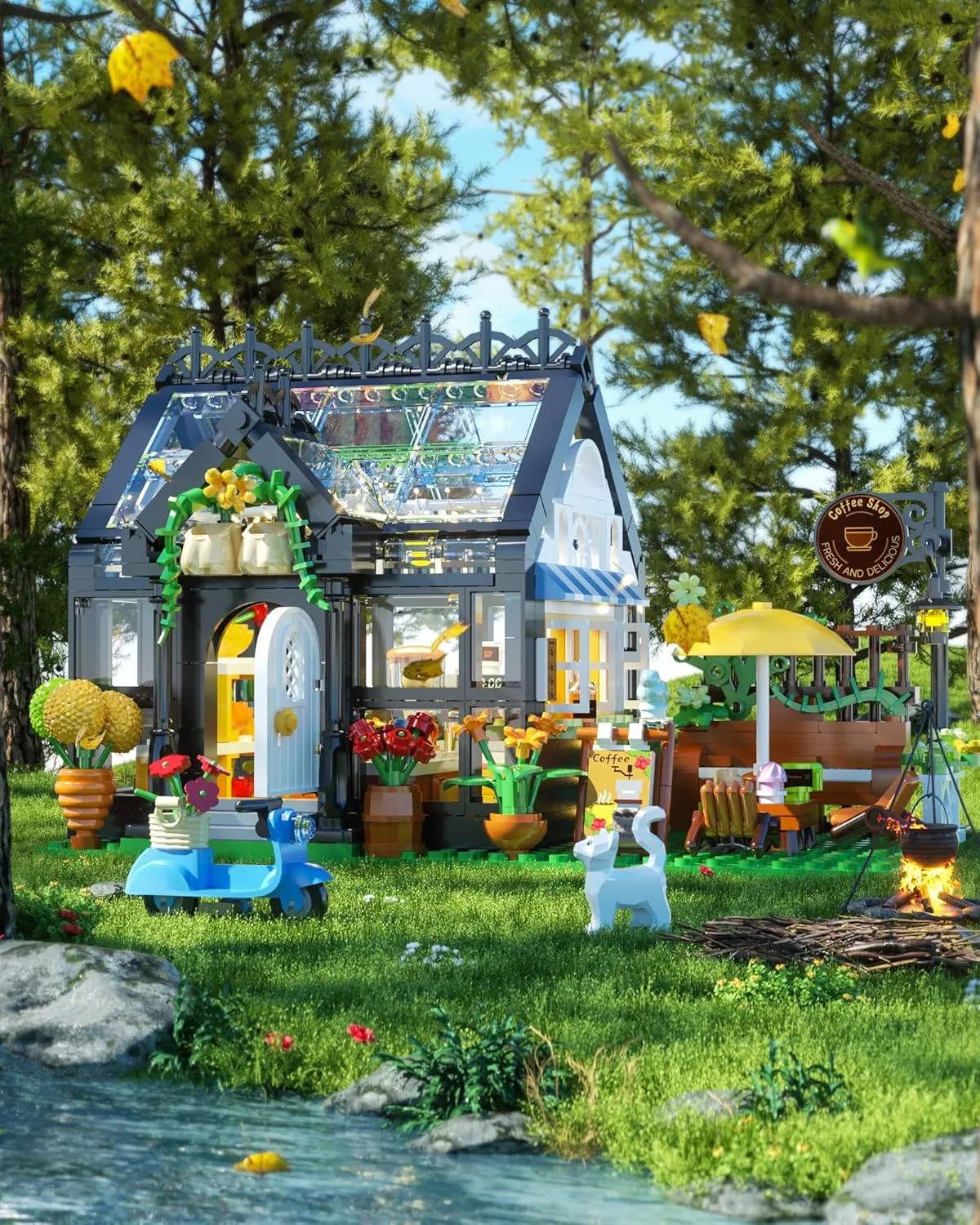 Flower House with Coffee Shop Building Set, Outdoor Parasol & Piano Building Kits with Lights, Greenhouse Model Gifts for Her, Home Decoration Office Coffee Bar Display(485 Pieces)