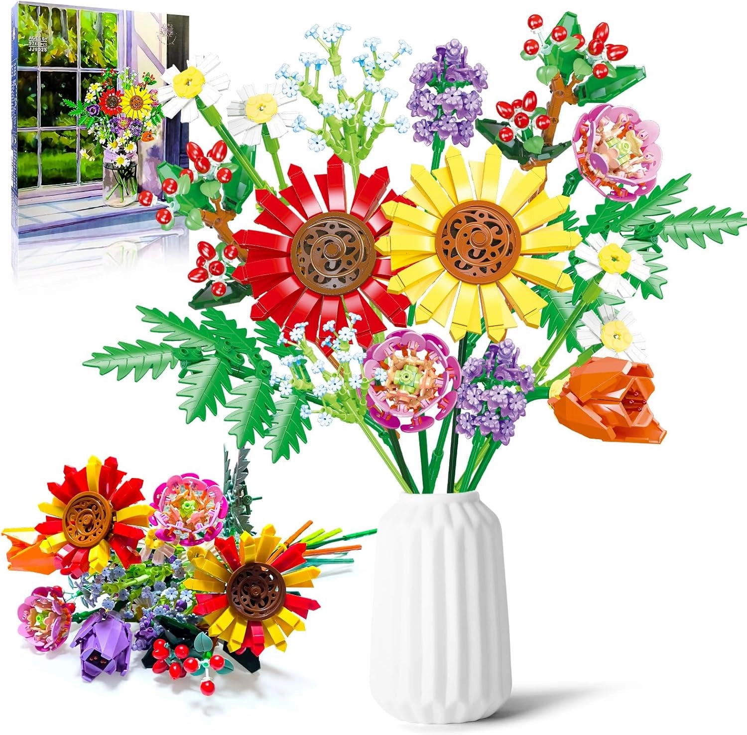 Flower Bouquet Building Set, 17 Artificial Botanical Collection Flowers Building Block Kits DIY Unique Home Decoration Gifts for Thanksgiving Day, Christmas, Mother's Day, or Valentine's Day (976 Pcs)