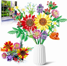 Flower Bouquet Building Set, 17 Artificial Botanical Collection Flowers Building Block Kits DIY Unique Home Decoration Gifts for Thanksgiving Day, Christmas, Mother's Day, or Valentine's Day (976 Pcs)