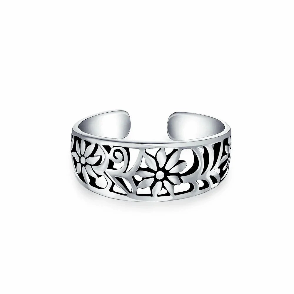 Flowers Carved Swirl Filigree Sterling Silver Midi Toe Ring