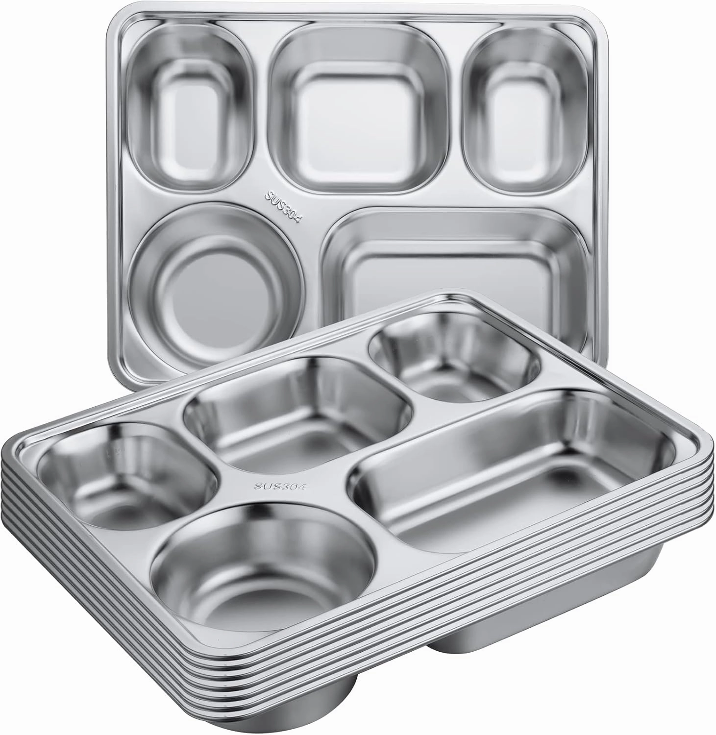 Foaincore 8 Pack Stainless Steel Divided Plates Rectangular Portion Control Plates with 5 Compartments Unbreakable Metal Food Tray for Lunch, Dinner, Camping, Heavy Gauge