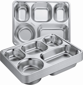 Foaincore 8 Pack Stainless Steel Divided Plates Rectangular Portion Control Plates with 5 Compartments Unbreakable Metal Food Tray for Lunch, Dinner, Camping, Heavy Gauge