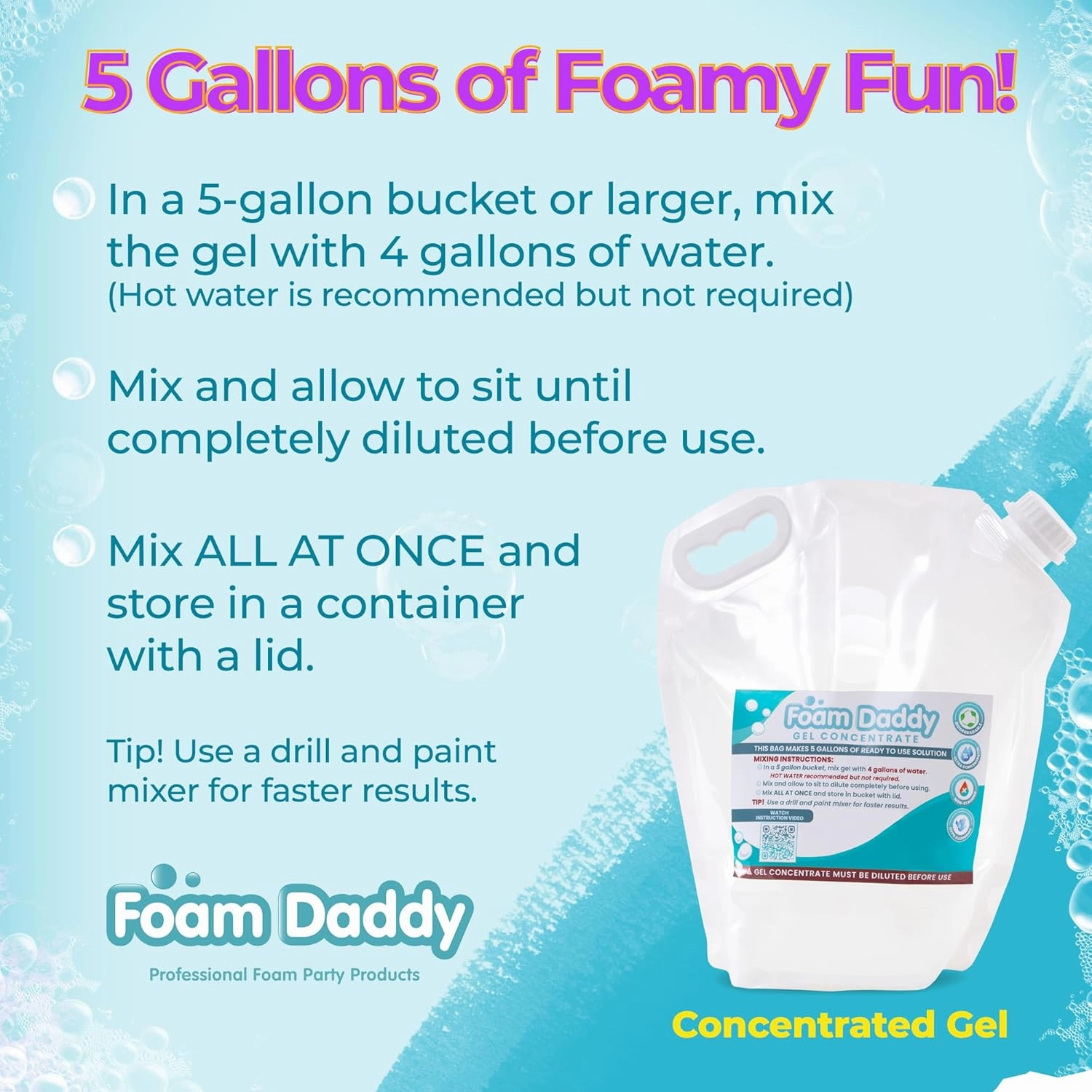 FoamDaddy Professional Strength Ultra-Concentrated Gel – Makes 300-400 Gallons of Foam Party Fun – High Stacking, Hypoallergenic – Designed for Any Foam Machine – 1 Gallon