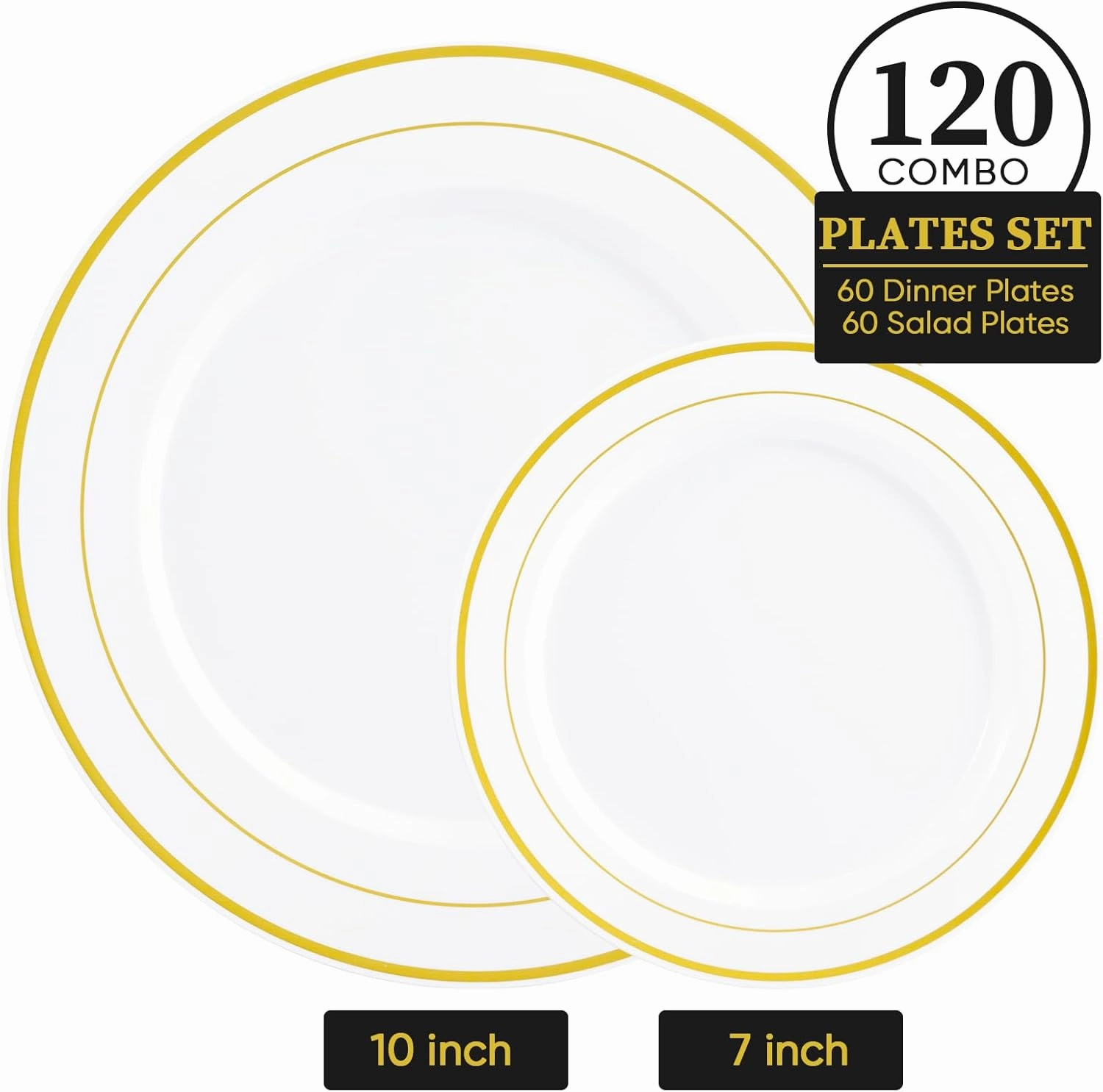 FOCUSLINE 120Pcs Gold Plastic Plates, Disposable White and Gold Rim Plastic Plates, Including 60 10Inch Dinner Plates, 60 7Inch Dessert Plates, Elegant Fancy Heavy Duty Wedding Party Plates