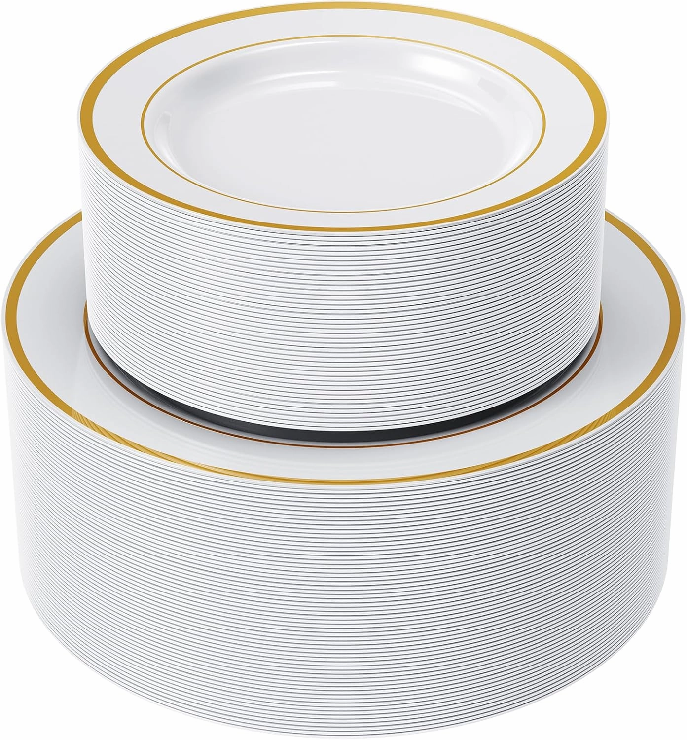 FOCUSLINE 120Pcs Gold Plastic Plates, Disposable White and Gold Rim Plastic Plates, Including 60 10Inch Dinner Plates, 60 7Inch Dessert Plates, Elegant Fancy Heavy Duty Wedding Party Plates