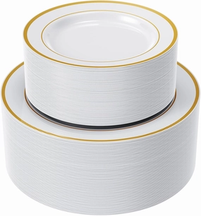 FOCUSLINE 120Pcs Gold Plastic Plates, Disposable White and Gold Rim Plastic Plates, Including 60 10Inch Dinner Plates, 60 7Inch Dessert Plates, Elegant Fancy Heavy Duty Wedding Party Plates
