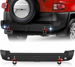 for FJ Cruiser Rear Bumper Compatible with 2007 2008 2009 2010 2011 2012 2013 2014 Toyota FJ Cruiser 1st Gen, Off-Road Bumper with Tow Hitch Plate, 2 x 18W LED Lights & D-rings, Textured Black