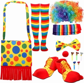 Frcctre 12 Pcs Clown Costume Set Dress Up Accessories, Include Wig Bow Tie Nose Big Shoes Shoulder Bag Socks Sleeve 5 Pcs Whistle
