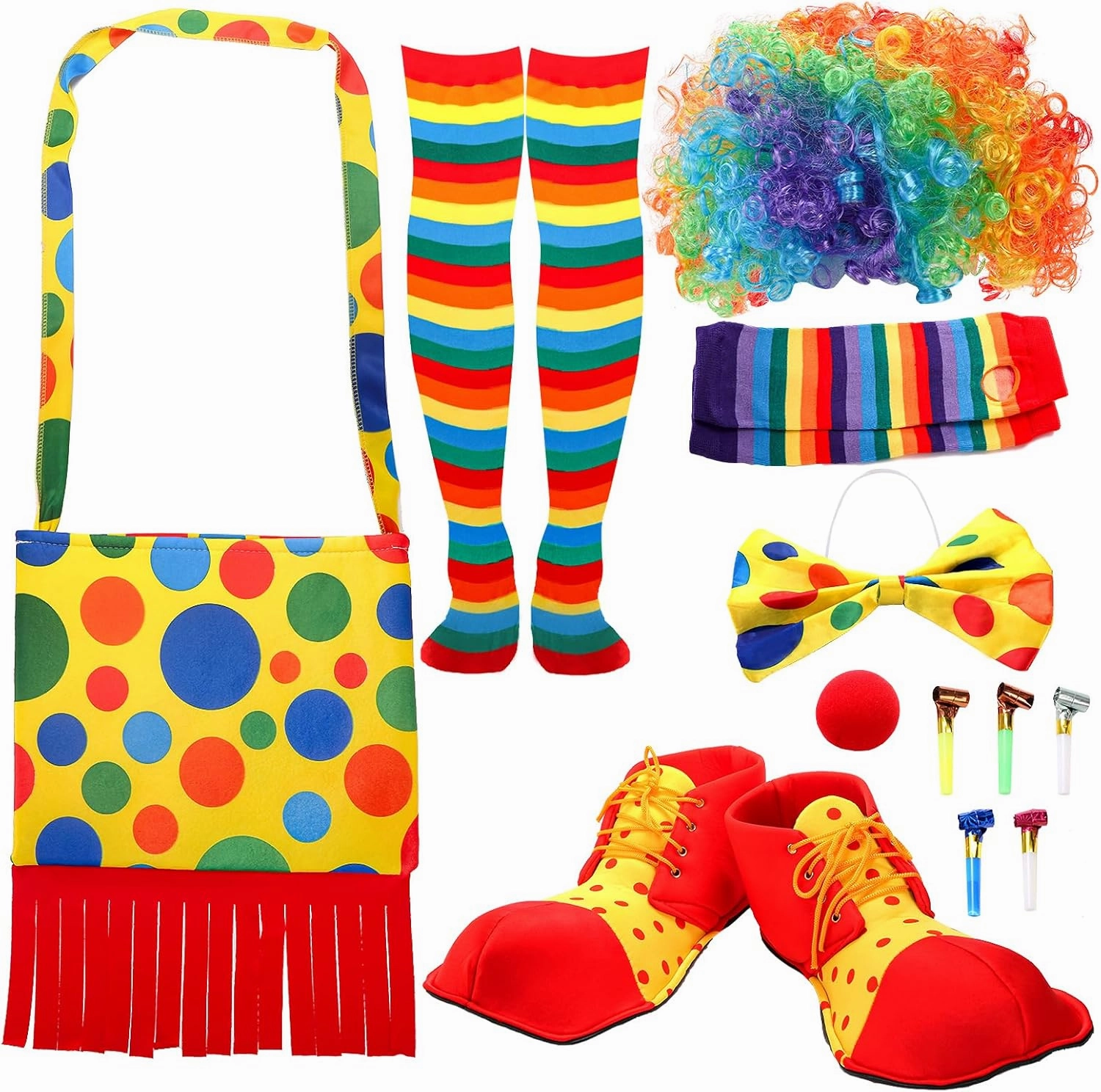 Frcctre 12 Pcs Clown Costume Set Dress Up Accessories, Include Wig Bow Tie Nose Big Shoes Shoulder Bag Socks Sleeve 5 Pcs Whistle