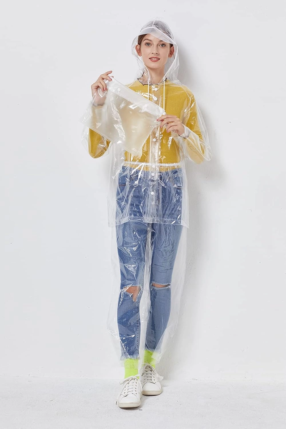 Freesmily Reusable Transparent Women Men Waterproof Raincoat Rain Suit Jacket Pants Set with Hood for Hiking Drifting