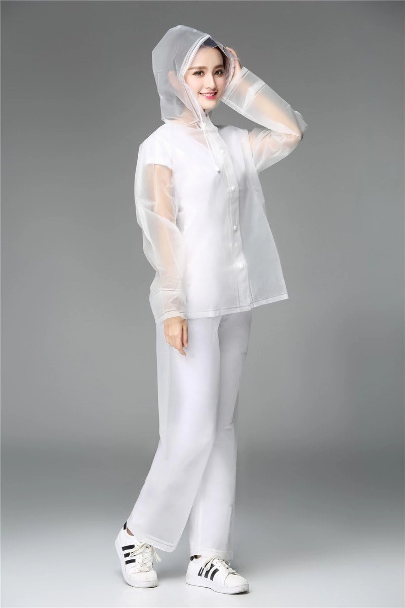 Freesmily Reusable Transparent Women Men Waterproof Raincoat Rain Suit Jacket Pants Set with Hood for Hiking Drifting