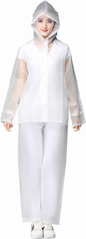 Freesmily Reusable Transparent Women Men Waterproof Raincoat Rain Suit Jacket Pants Set with Hood for Hiking Drifting