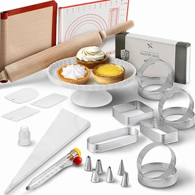 French Tart Baking Kit for Adults, Cooking Baking Tools for Pastry Dessert, Mother's Day Gifts for Women Men Beginners, Perforated Tart Rings Mat pastry making