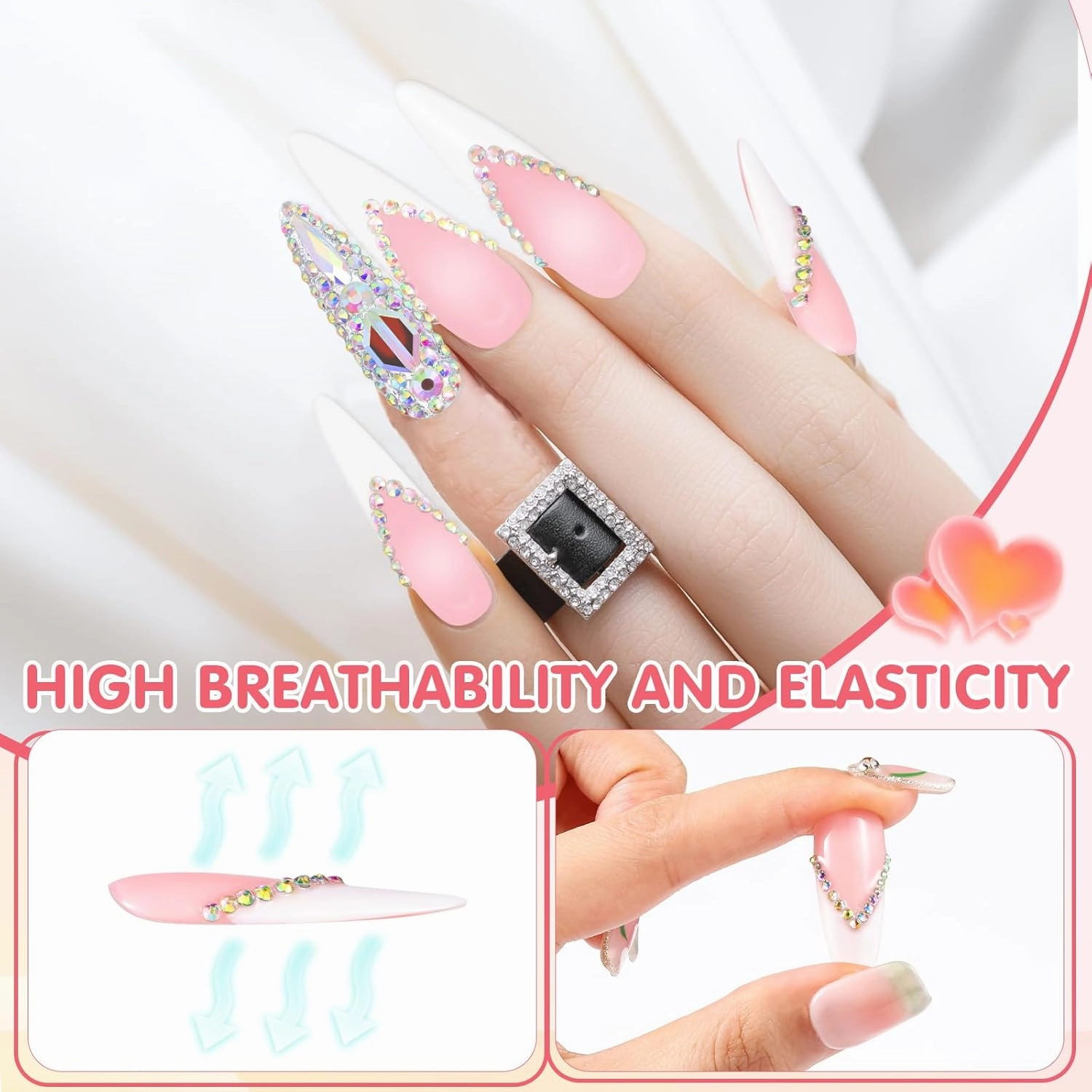 French Tip Press On Nails Long Stiletto,10 Pcs Pre Designed Acrylic Fake Nails Press Ons Nature Stick On Nails for Wedding/Daily Wear,Luxury Glue On Nails with 3D Rhinestone (S, 039)