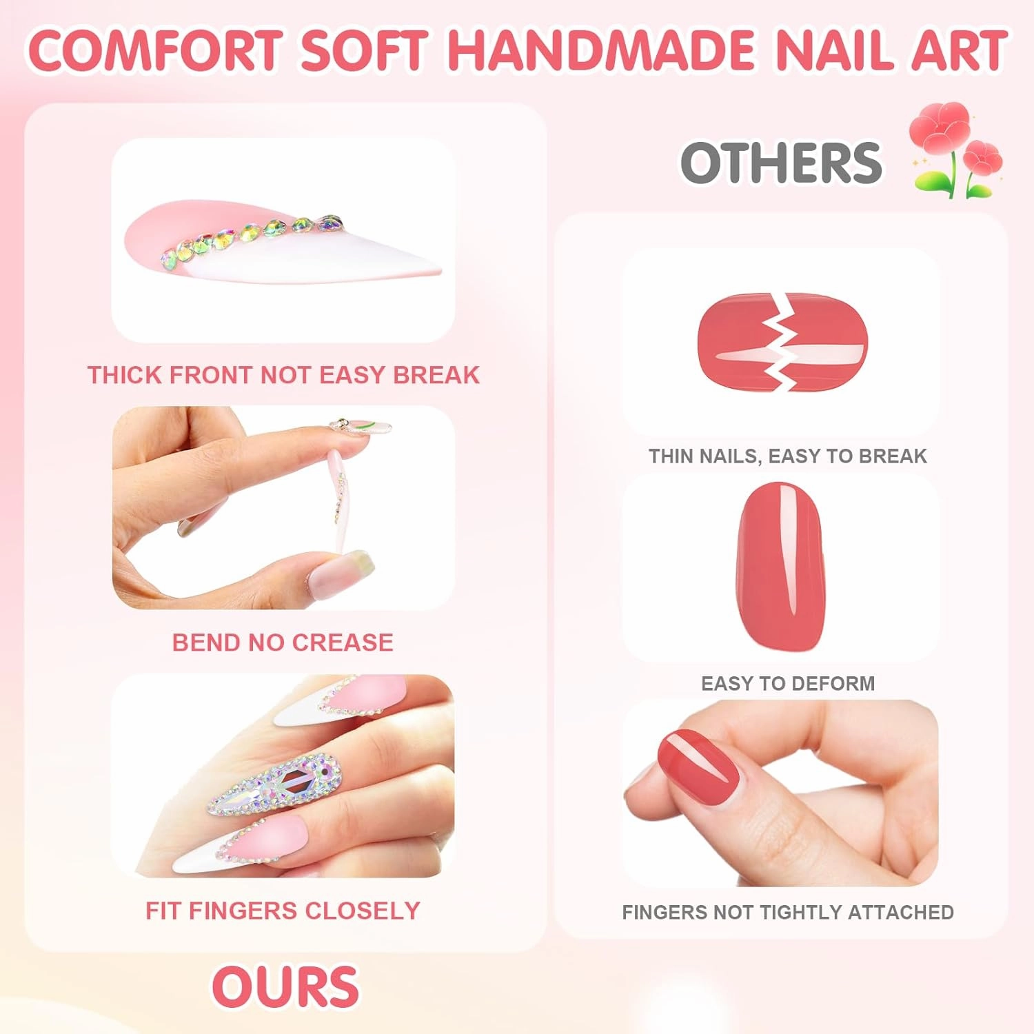French Tip Press On Nails Long Stiletto,10 Pcs Pre Designed Acrylic Fake Nails Press Ons Nature Stick On Nails for Wedding/Daily Wear,Luxury Glue On Nails with 3D Rhinestone (S, 039)