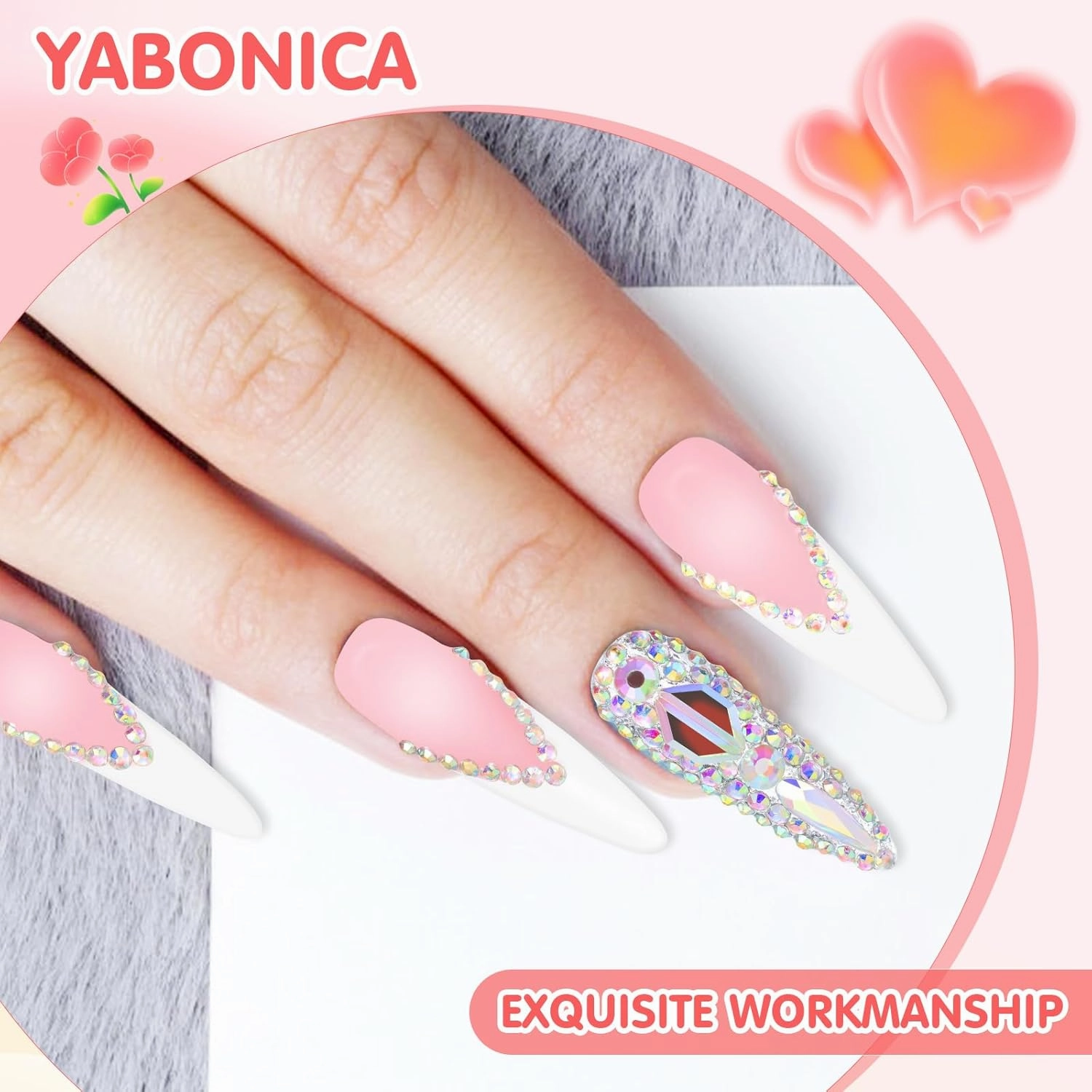 French Tip Press On Nails Long Stiletto,10 Pcs Pre Designed Acrylic Fake Nails Press Ons Nature Stick On Nails for Wedding/Daily Wear,Luxury Glue On Nails with 3D Rhinestone (S, 039)
