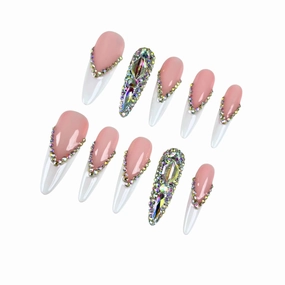 French Tip Press On Nails Long Stiletto,10 Pcs Pre Designed Acrylic Fake Nails Press Ons Nature Stick On Nails for Wedding/Daily Wear,Luxury Glue On Nails with 3D Rhinestone (S, 039)