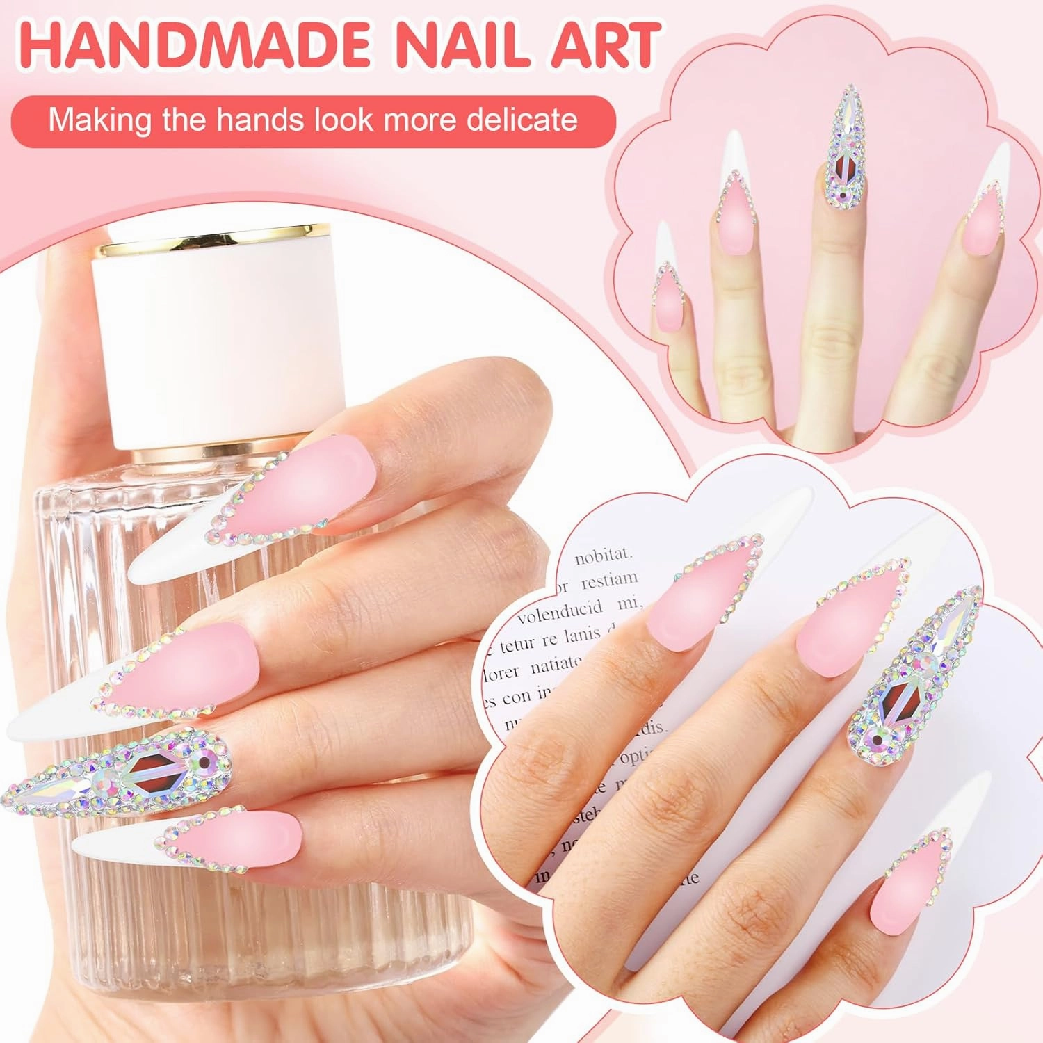 French Tip Press On Nails Long Stiletto,10 Pcs Pre Designed Acrylic Fake Nails Press Ons Nature Stick On Nails for Wedding/Daily Wear,Luxury Glue On Nails with 3D Rhinestone (S, 039)