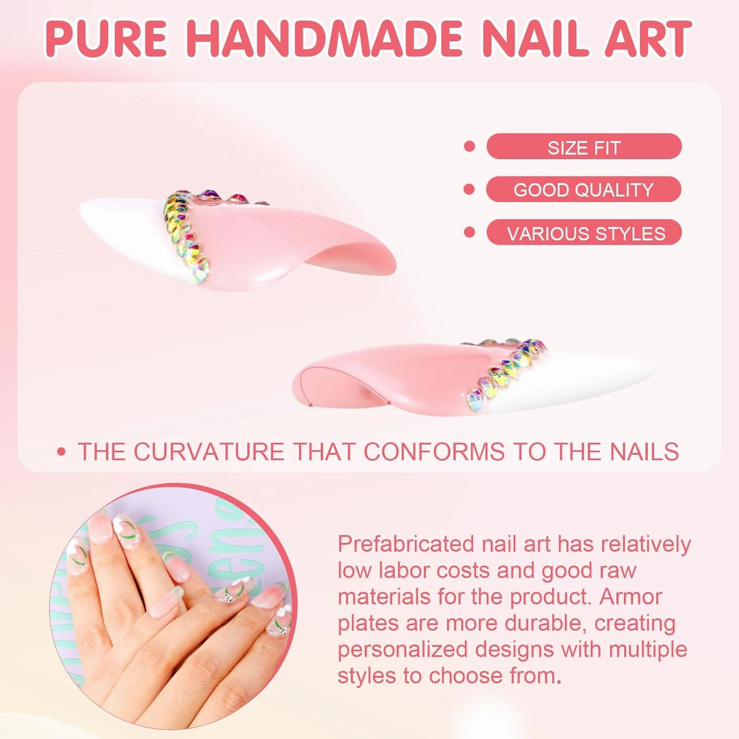 French Tip Press On Nails Long Stiletto,10 Pcs Pre Designed Acrylic Fake Nails Press Ons Nature Stick On Nails for Wedding/Daily Wear,Luxury Glue On Nails with 3D Rhinestone (S, 039)
