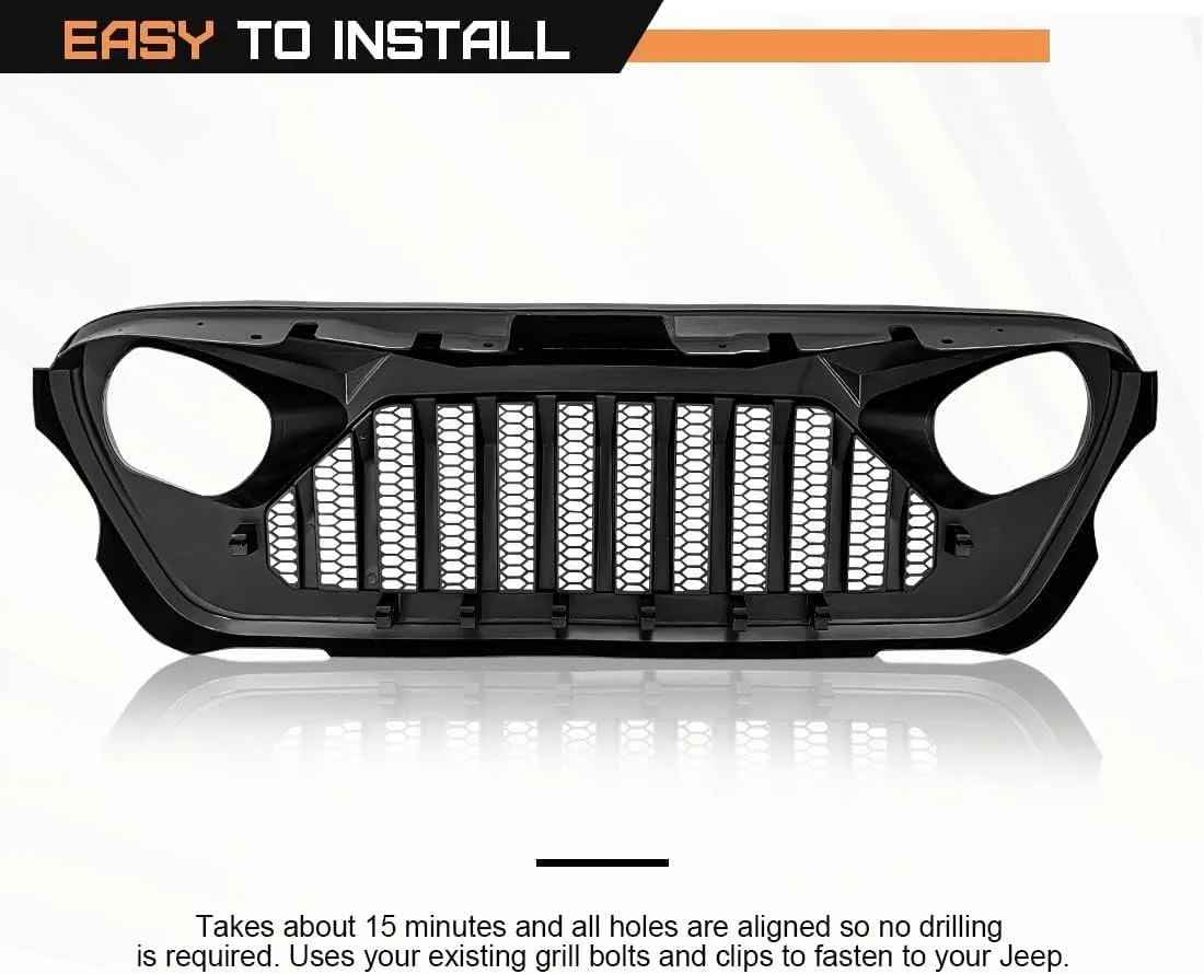 Front Vader Grille Compatible with 2018-2025 Jeep Wrangler JL & 2020-2025 Gladiator JT, w/o TrailCam (Glossy Black)