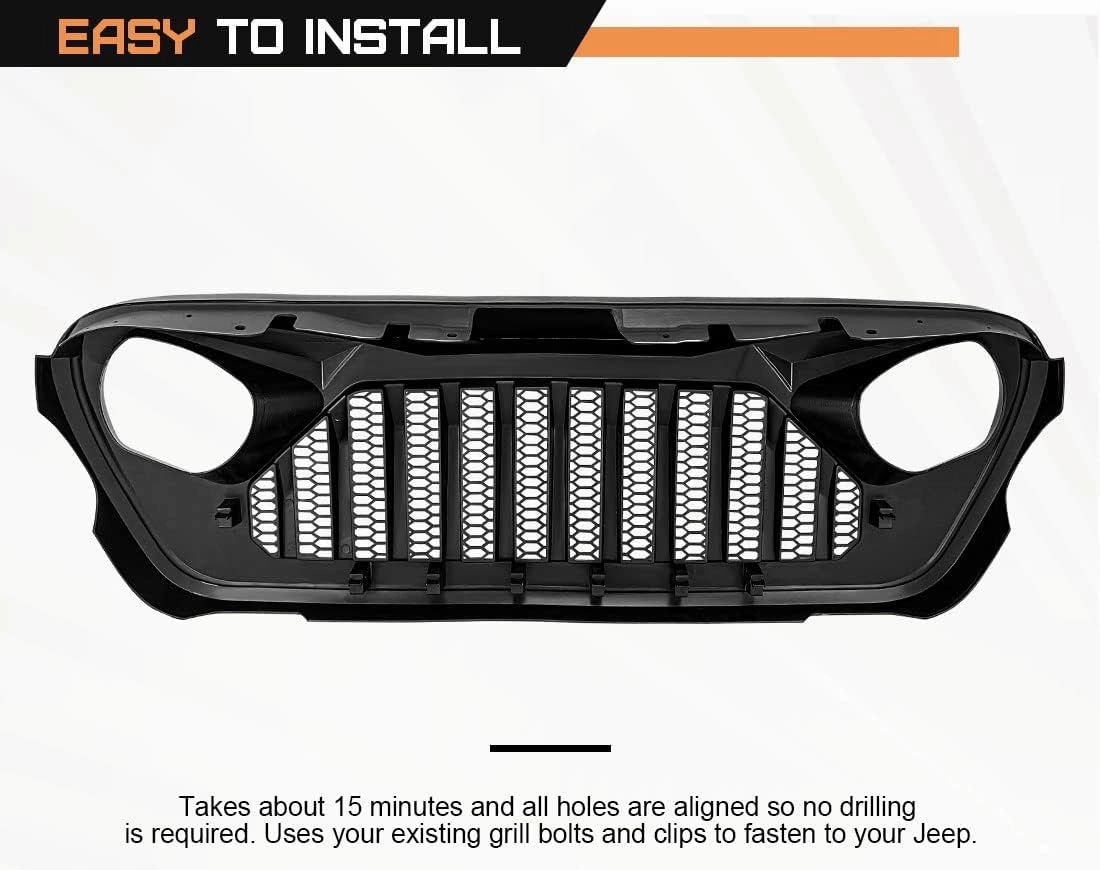 Front Vader Grille Compatible with 2018-2025 Jeep Wrangler JL & 2020-2025 Gladiator JT w/o TrailCam (White Black)