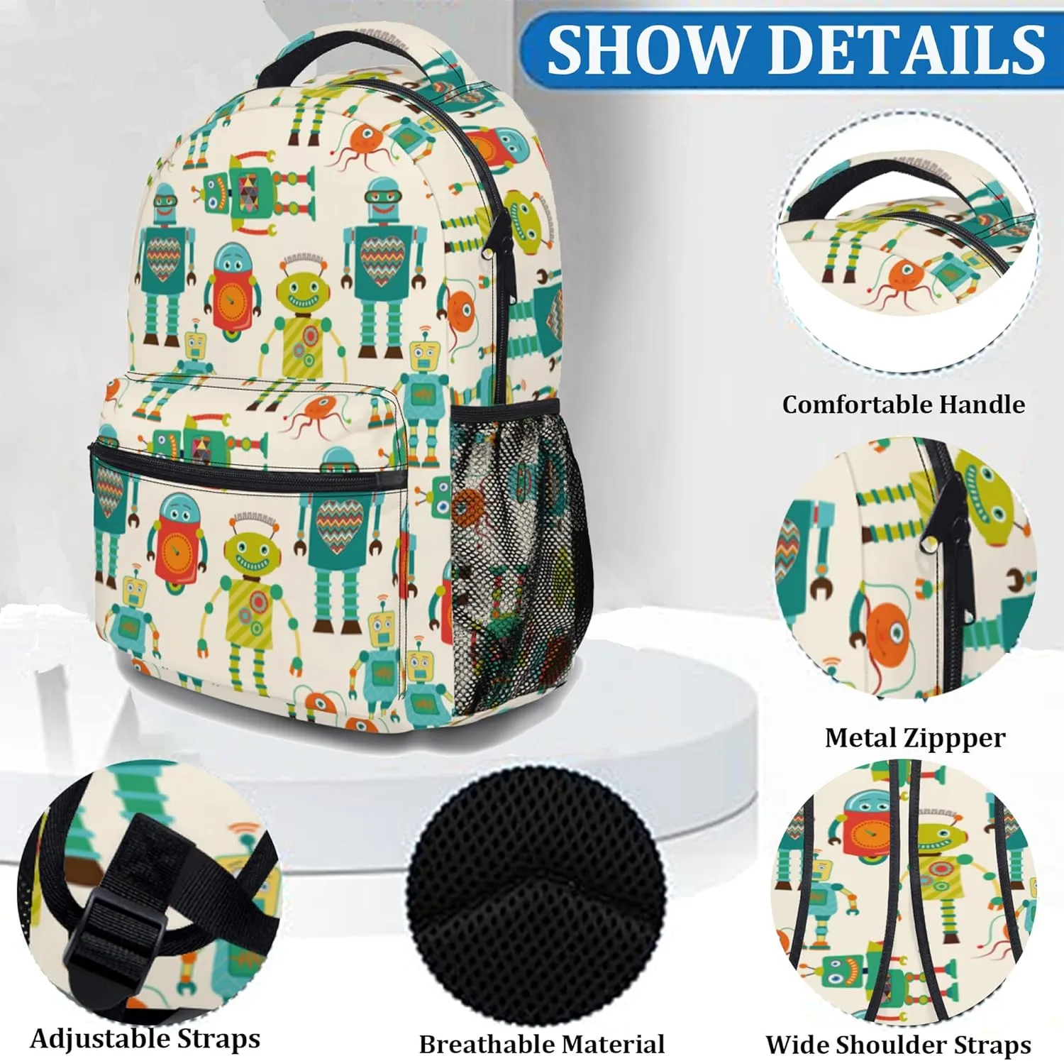 Fun Robot Print Ergonomics Backpack Waterproof Lightweight Travel Bags Casual Daypacks Notebook Laptop 17 Inch