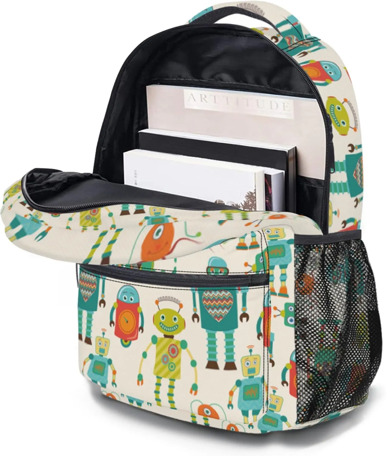 Fun Robot Print Ergonomics Backpack Waterproof Lightweight Travel Bags Casual Daypacks Notebook Laptop 17 Inch