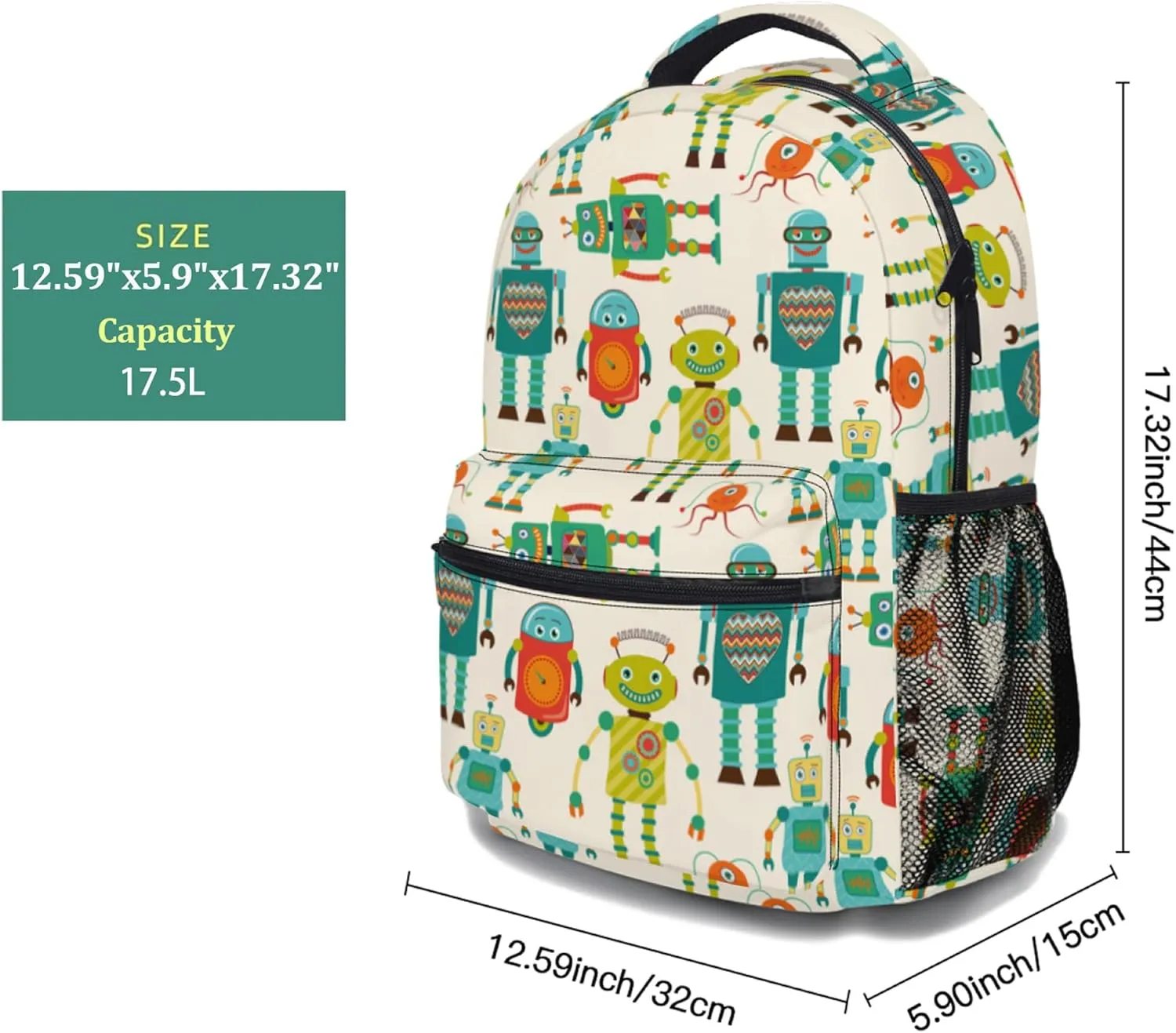 Fun Robot Print Ergonomics Backpack Waterproof Lightweight Travel Bags Casual Daypacks Notebook Laptop 17 Inch