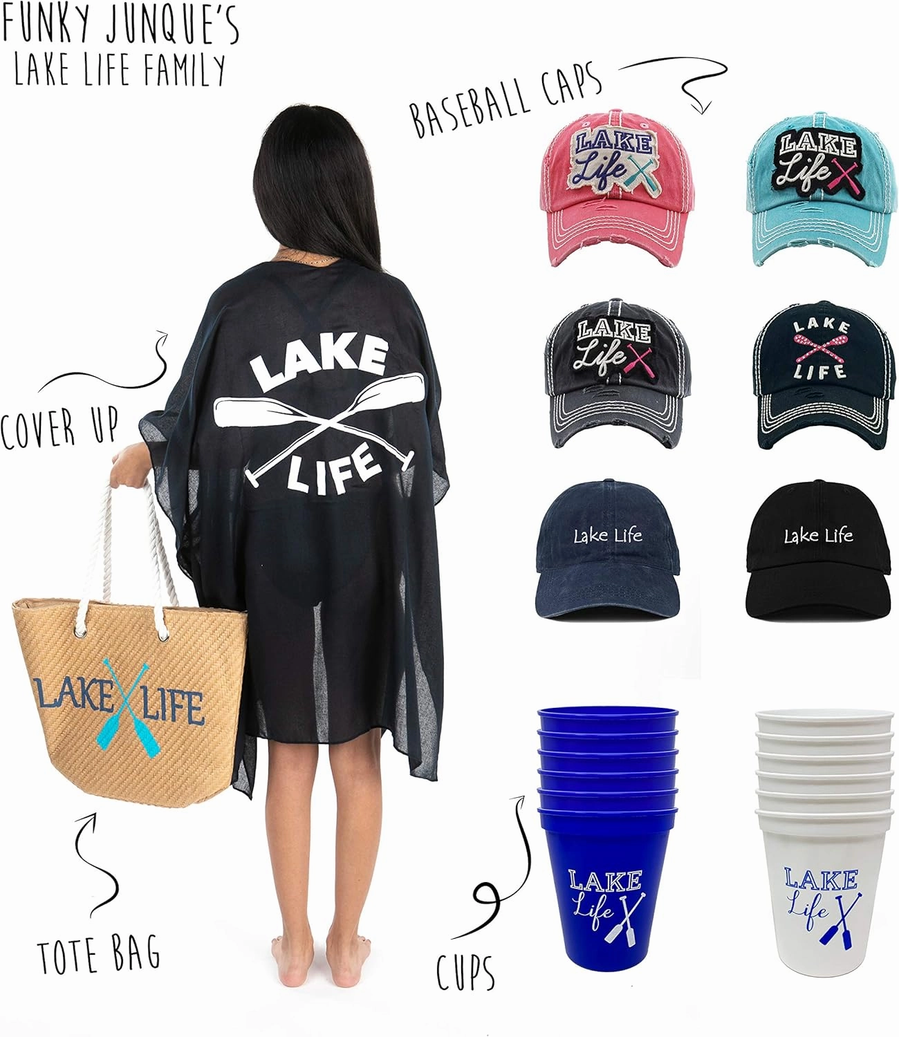 Funky Junque Girls Weekend Lake Cups with Fun Lake Sayings, 16 Oz Durable Plastic, Dishwasher Safe - 12 Lake Life Cups (White)